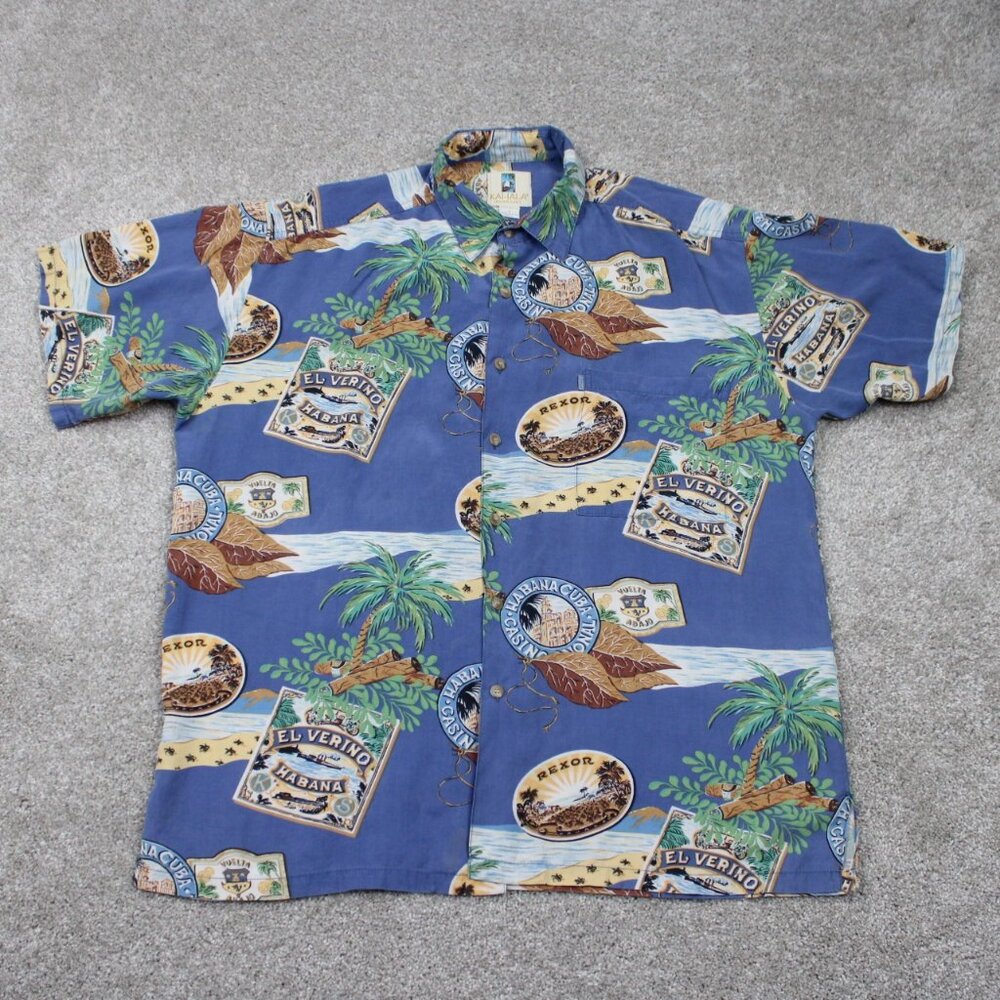 Kahala‎ AOP Hawaiian Shirt Mens Large Blue 100% Rayon Habana Cuba S/S Button Up